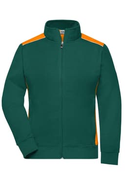 A green sweat jacket with orange accents, featuring a full zip and a collar, along with a logo on the chest.