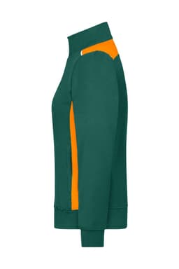 A green and orange ladies workwear sweat jacket featuring a zip front and pockets, with a fitted design.
