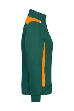 Ladies workwear sweat jacket in green with orange accents, featuring a collar and side pockets. Includes a logo.