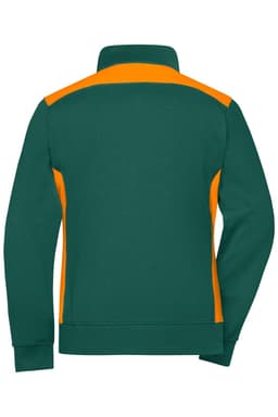 A green and orange ladies workwear sweat jacket featuring a high collar and a logo.