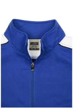 A blue ladies workwear sweat jacket featuring a stand-up collar and a zip closure. The design includes contrasting shoulder details.