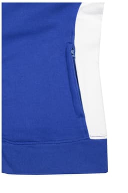 A blue and white sweat jacket featuring a zippered pocket and a logo on the sleeve.