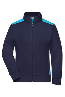 A navy work jacket with light blue accents, featuring a zip front and a high collar. It has a logo on the chest.