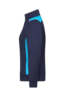 A navy blue and turquoise ladies workwear sweat jacket with a zipped front and pockets. It features a logo on the chest.
