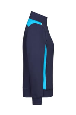 A navy blue workwear sweat jacket with turquoise accents and a high collar. Features side pockets and a logo.