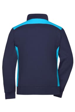 A dark navy sweat jacket with turquoise accents, featuring a collar and a logo on the back.