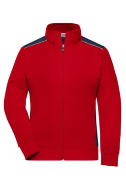 A red work jacket with a zip front and navy side panels, featuring a high collar and long sleeves.