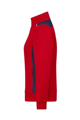 A red ladies workwear sweat jacket featuring navy blue panel details and a zippered front.