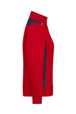 A red and navy ladies workwear sweat jacket featuring a zip and a logo. The jacket has a stylish, fitted design.