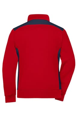 A red sweat jacket with navy accents, featuring a high collar and long sleeves. It has a logo on the back.