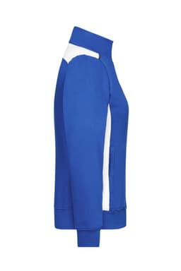 A blue ladies workwear sweat jacket with white accents, featuring a zip and a branding logo.