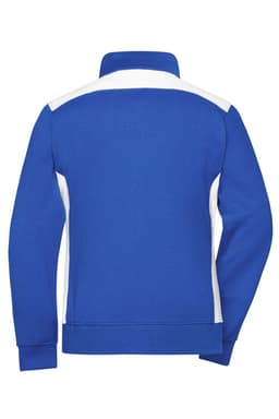 A women's workwear sweat jacket in blue with white accents on the sleeves and collar, featuring a logo.