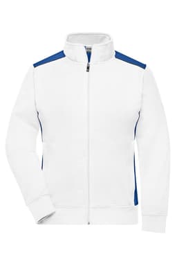 A white work sweat jacket with blue accents and a zippered front, featuring a high neck and a logo.
