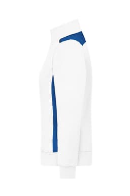 A white sweat jacket with blue accents, featuring a full zip and stand-up collar. It has a logo on the front.