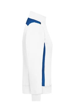 A ladies' workwear sweat jacket in white with blue accents, featuring a logo on the side.