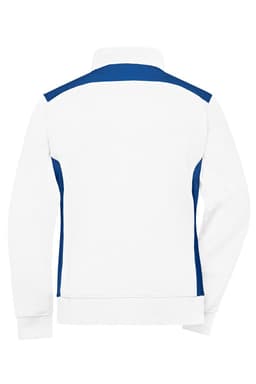 A women's workwear sweat jacket in white with blue accents, featuring a high collar and zipped front.