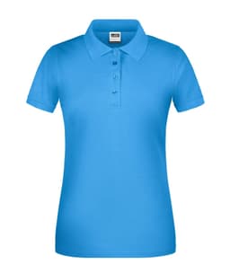 A light blue ladies polo shirt with a collar and three buttons, featuring a logo on the chest.