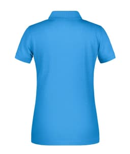 A blue women's polo shirt featuring a collar and short sleeves, with a branded logo on the back.