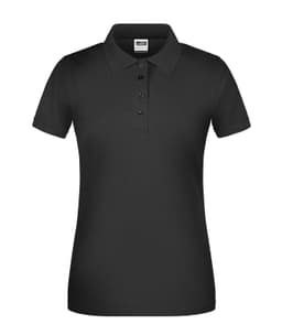 A black ladies' polo shirt with a collar and button placket, designed as workwear. It features a logo on the chest.