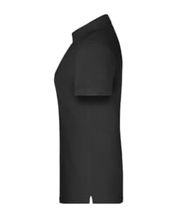 A black ladies polo shirt with a classic fit, featuring short sleeves and a collar. It has a logo on the front.