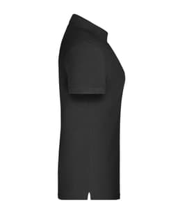 A black ladies polo shirt featuring a collar, short sleeves, and a side slit, with a logo on the design.