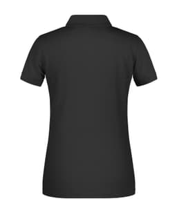 A black ladies polo shirt with a collar, featuring a back view and a logo.