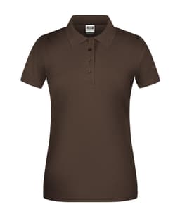 A brown ladies' polo shirt featuring a collared neck and five buttons, with a logo on the chest.