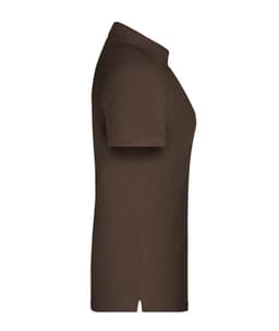A brown ladies polo shirt with a classic collar and short sleeves, featuring a side vent and a logo.