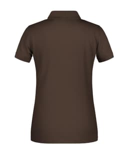 A brown ladies' polo shirt with a collar and short sleeves, featuring a logo on the back.