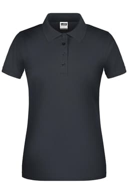 A short-sleeved ladies' polo shirt in dark navy blue with a classic collar and button placket, featuring a logo.