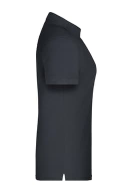 A black polo shirt with a classic collar and short sleeves, featuring a logo on the side.