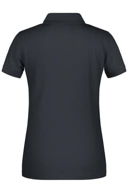 A dark navy ladies polo shirt with a classic collar, featuring a logo on the back.