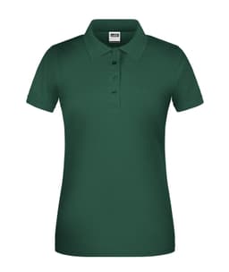 A green ladies' polo shirt featuring a classic collar and short sleeves, with a logo on the chest.