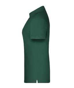 A green polo shirt with short sleeves and a collar, featuring a logo on the chest.