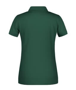 A dark green ladies' polo shirt with a fitted design and standard collar, featuring a logo on the back.