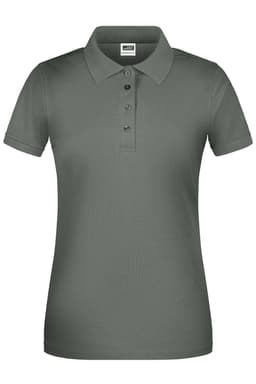 A ladies' polo shirt in olive green with a collar and short sleeves, featuring button detailing and a logo.