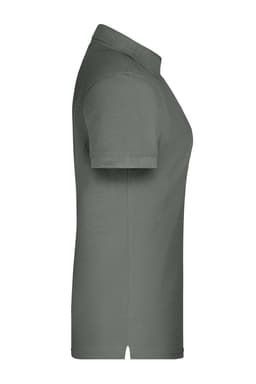 A grey polo shirt with short sleeves and a collar, featuring a side view and a logo on the front.