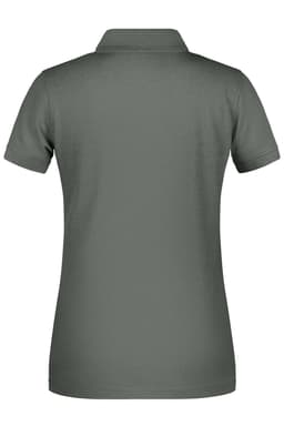 A ladies polo shirt in a dark green colour, featuring a collar and short sleeves, with a logo on the back.