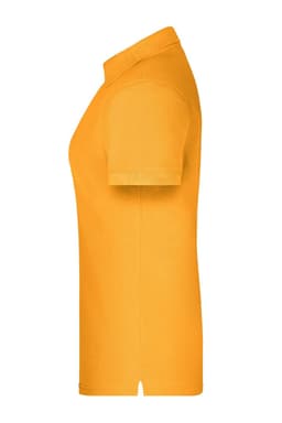 A bright orange polo shirt featuring short sleeves and a collar, with a logo on the front.