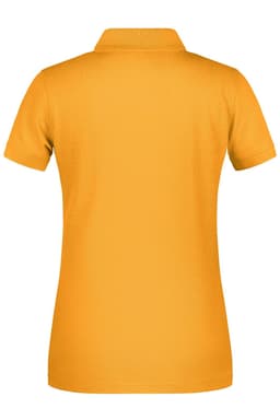 A back view of a ladies' work polo shirt in vibrant yellow. The shirt features a collar and has a logo.