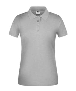 A women's grey polo shirt featuring a classic collar, short sleeves, and a buttoned placket. It has a logo on the chest.