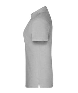 A grey polo shirt with short sleeves, featuring a collar and a branding logo. Ideal for workwear.
