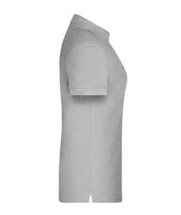 A grey ladies' polo shirt with short sleeves, featuring a collar and a logo.