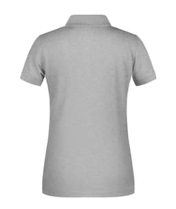A grey ladies' polo shirt featuring a classic collar and short sleeves, with a logo on the back.