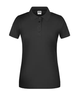 A black ladies’ work polo shirt with a collar and three button placket, featuring a logo on the chest.