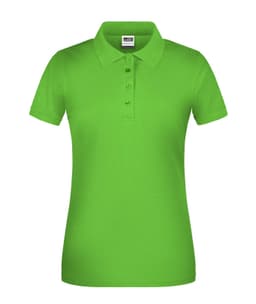 A bright green ladies' polo shirt with a collar and short sleeves. It features a branded logo.