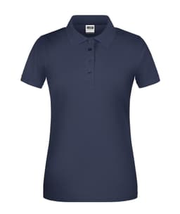 A navy ladies' polo shirt is displayed, featuring a classic collar and five-button closure, with a logo present.