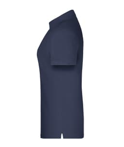 A navy blue ladies' polo shirt with short sleeves and a classic collar, featuring a logo.