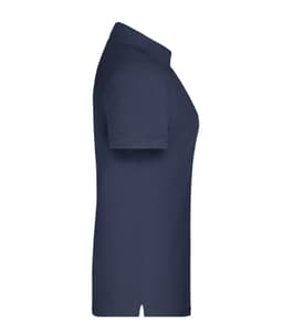 A navy blue ladies' polo shirt with a classic collar, featuring a logo on the chest.