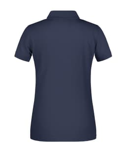 A navy blue ladies' polo shirt featuring a collar and short sleeves, with a logo on the back.